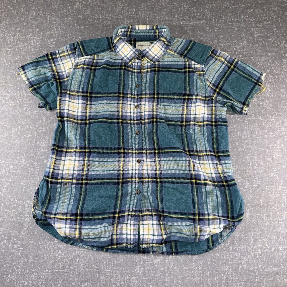 American Eagle Shirt Womens Small Green Plaid Boyfriend Fit Short Sleeve Flannel